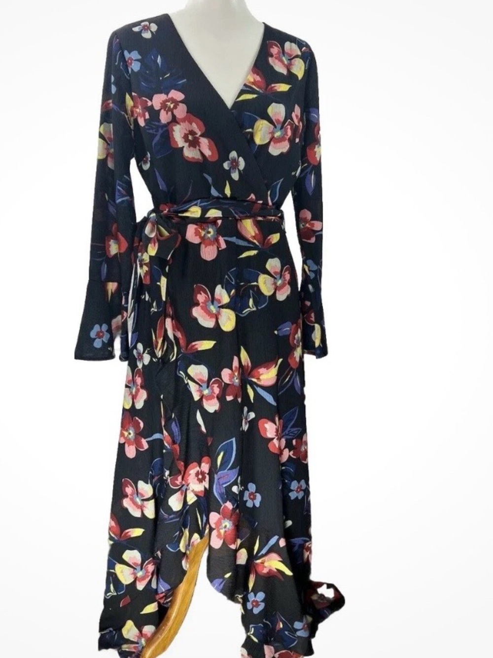 Isla Maude-Anthropologie Black Floral Wrap Dress with Pink, Yellow & Blue Blooms